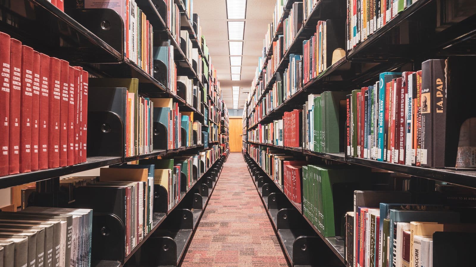 Allée de rayonnages de bibliothèque remplis d'ouvrages — conformité légale d'un site internet